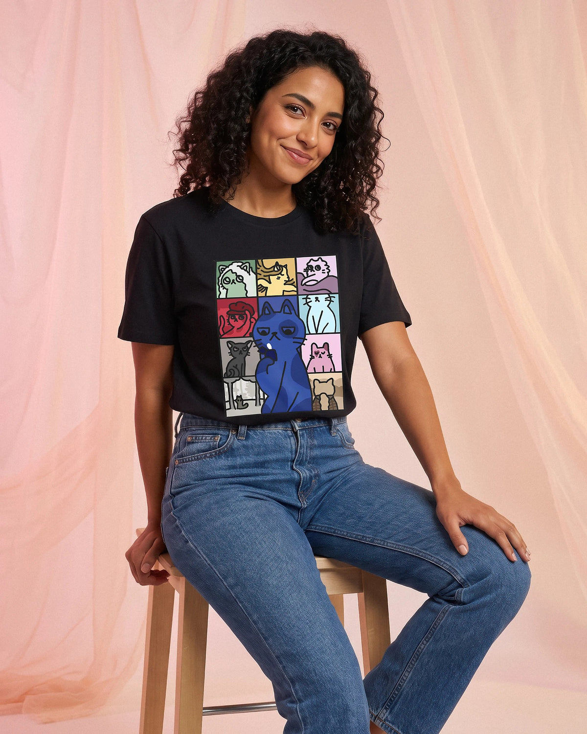 Eras Cat Version t-shirt in black, every era drawn as a cat