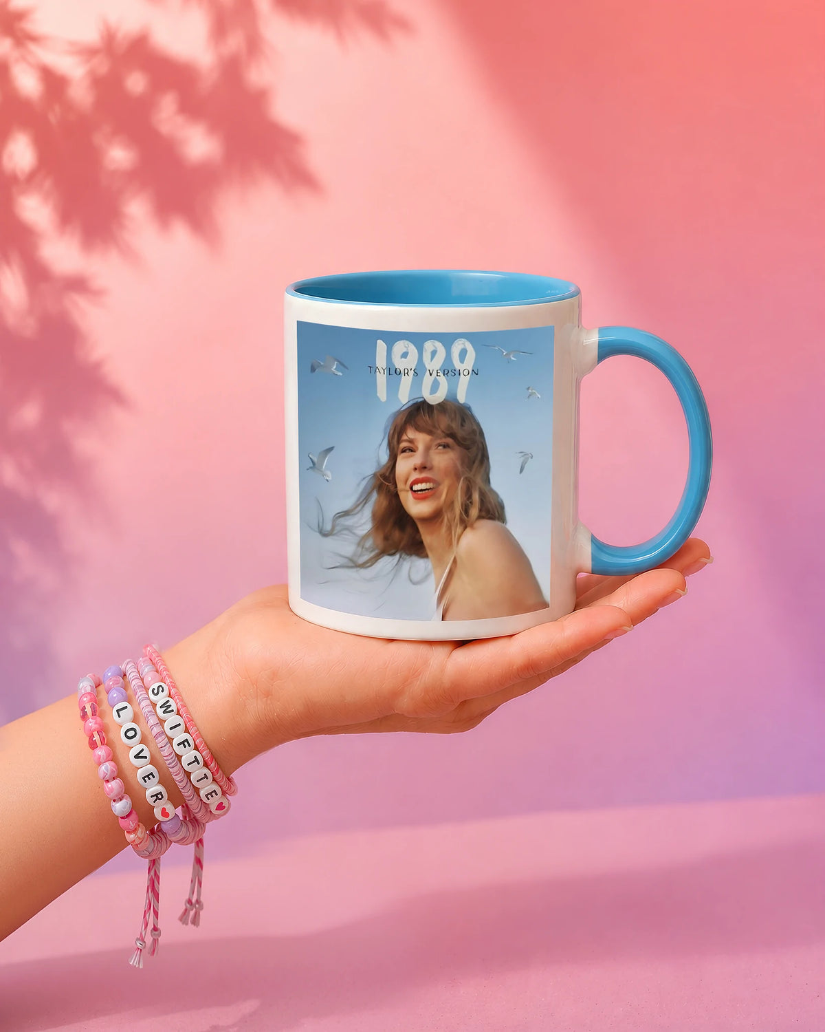 1989 mug showing the album cover side and sky-blue inner glaze
