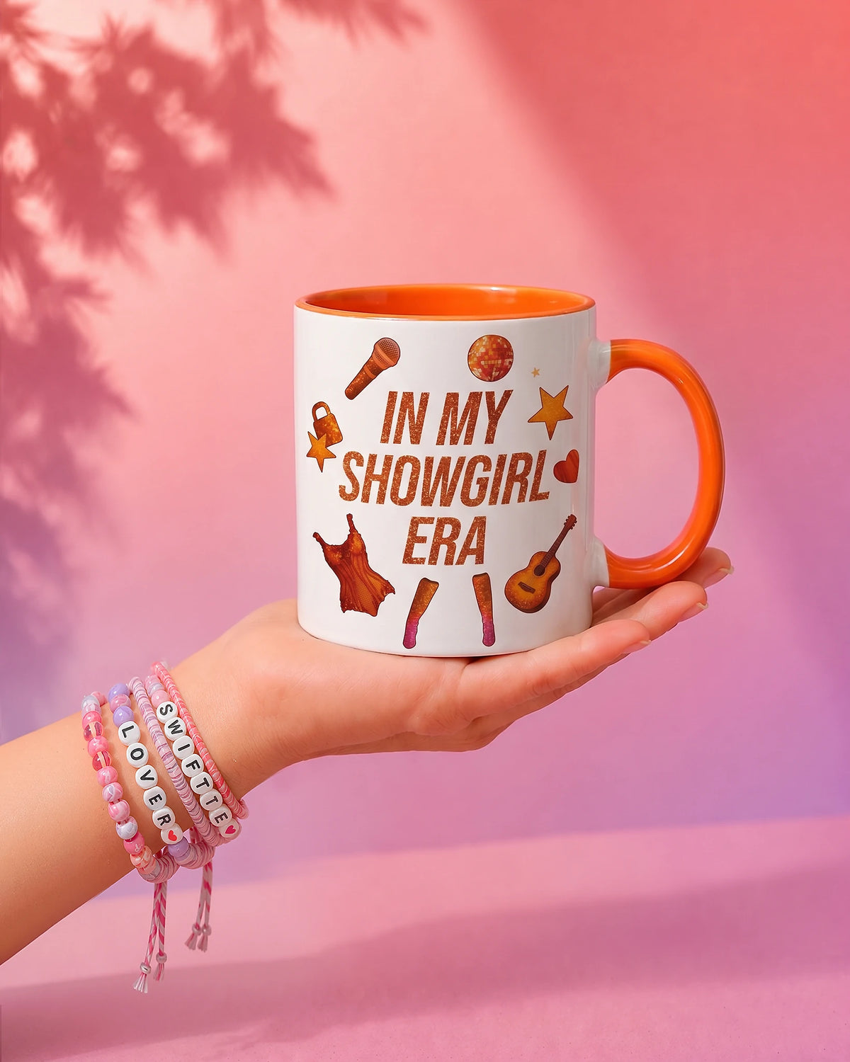 In My Showgirl Era mug with microphone, feathers and disco ball, burnt-orange handle
