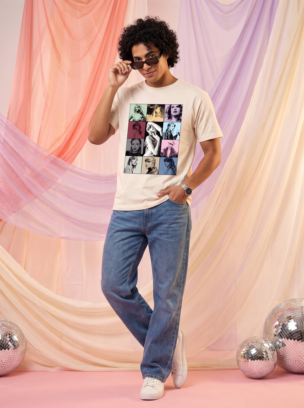 Eras Tour t-shirt worn on a model, oversized fit