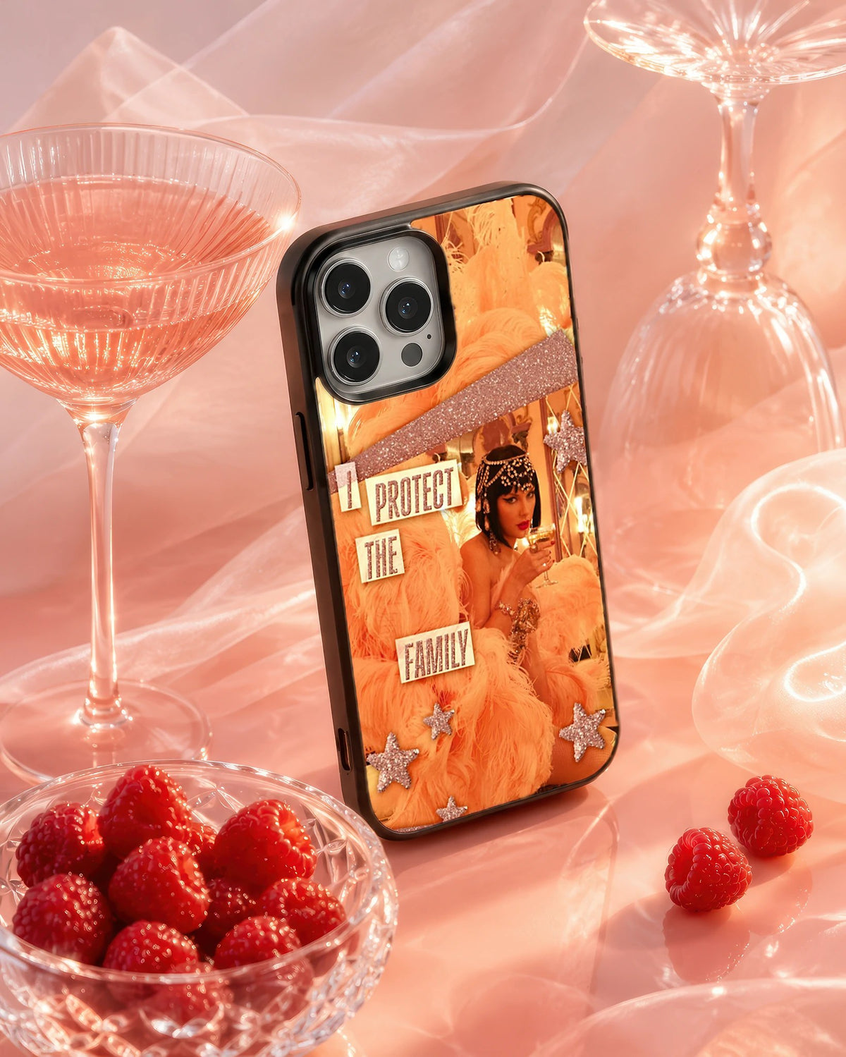 Showgirl phone case shown on an iPhone, collage print detail
